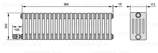 Схема (чертеж) Радиатор Zehnder Charleston 5030/21 №V003 Белый глянцевый RAL 9016
